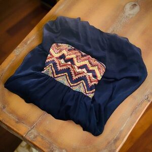 Y2K Navy Maxi Dress with Colorful Chevron Patterned Empire Waist Autumn Fall